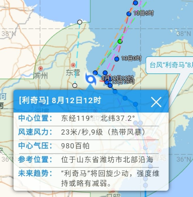 注意!“利奇马”在潍坊北部近海“打转”!它会掉头回山东吗